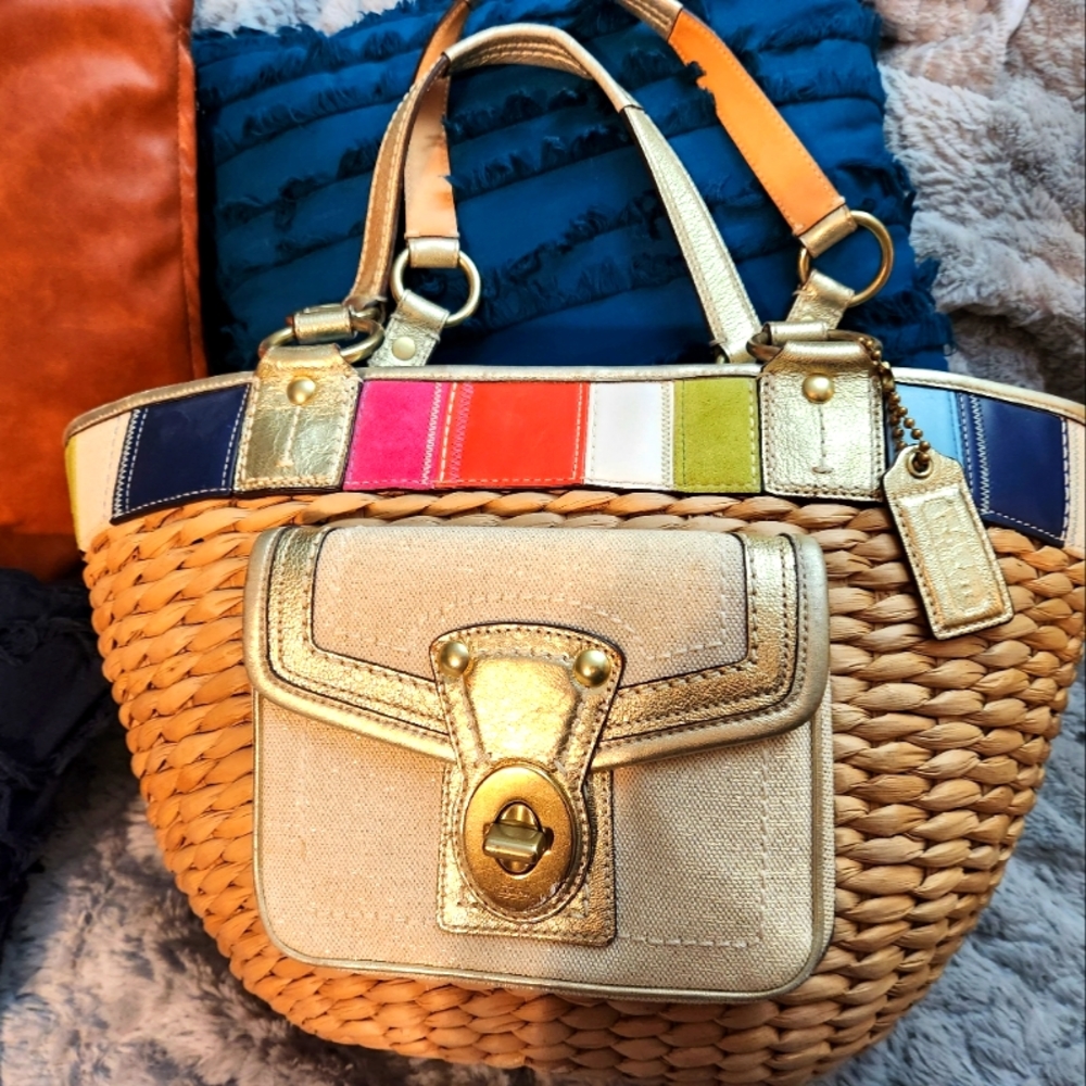 Coach Straw Legacy Handbag With Color Bands